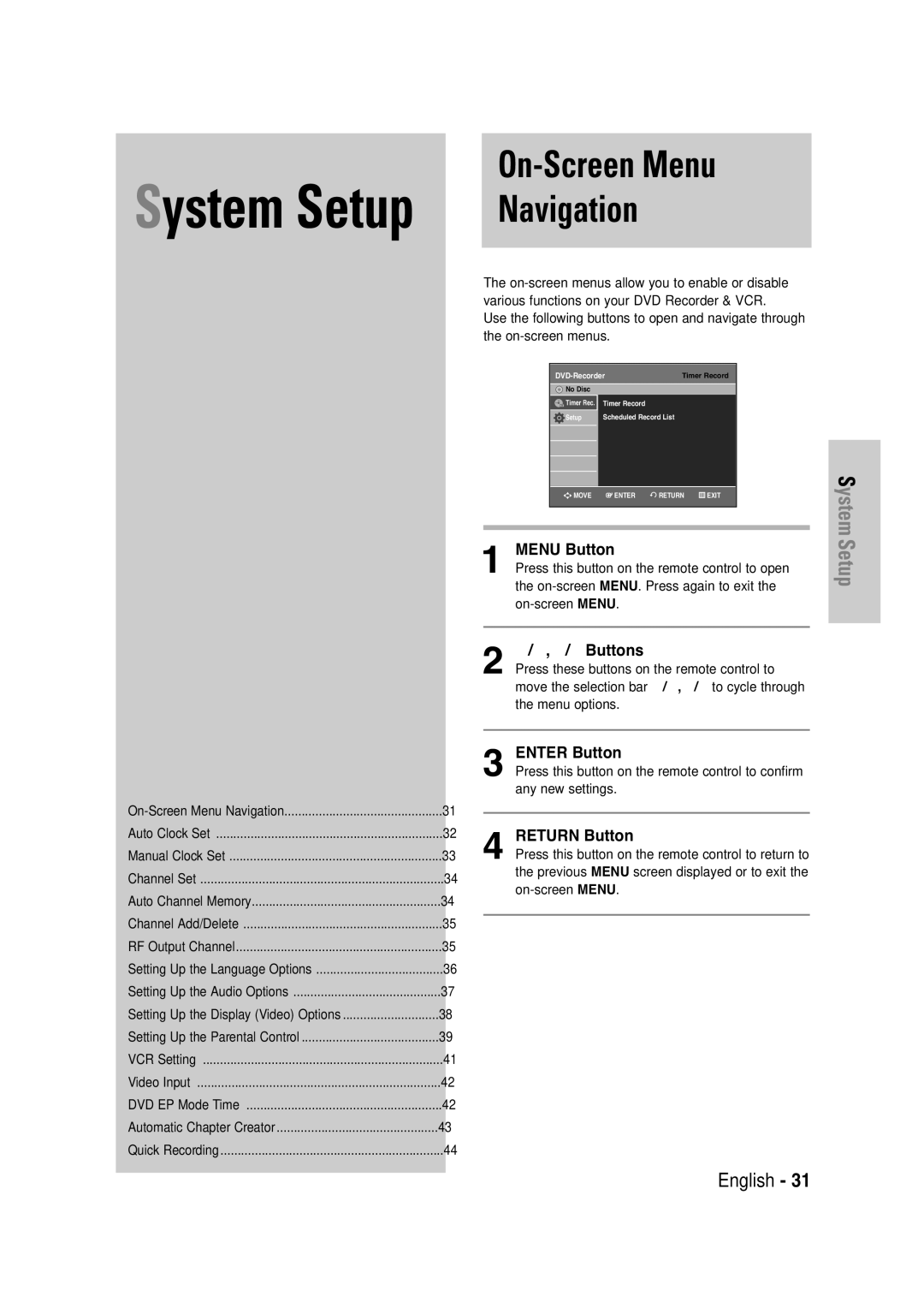 Samsung DVD-VR335 instruction manual On-Screen Menu Navigation, …/†,œ /√ Buttons, Enter Button, Return Button 