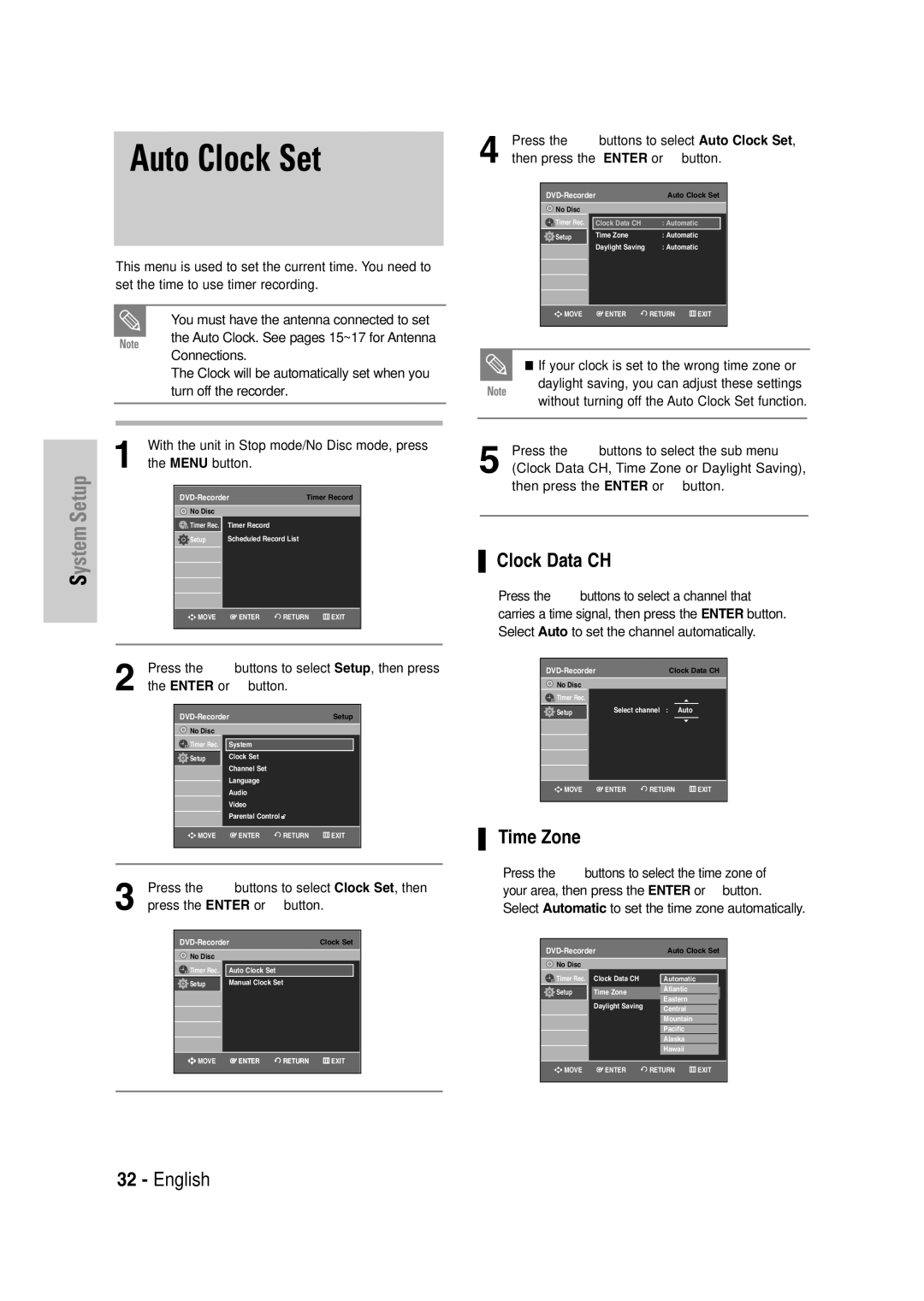 Samsung DVD-VR335 instruction manual Auto Clock Set, Clock Data CH, Time Zone 