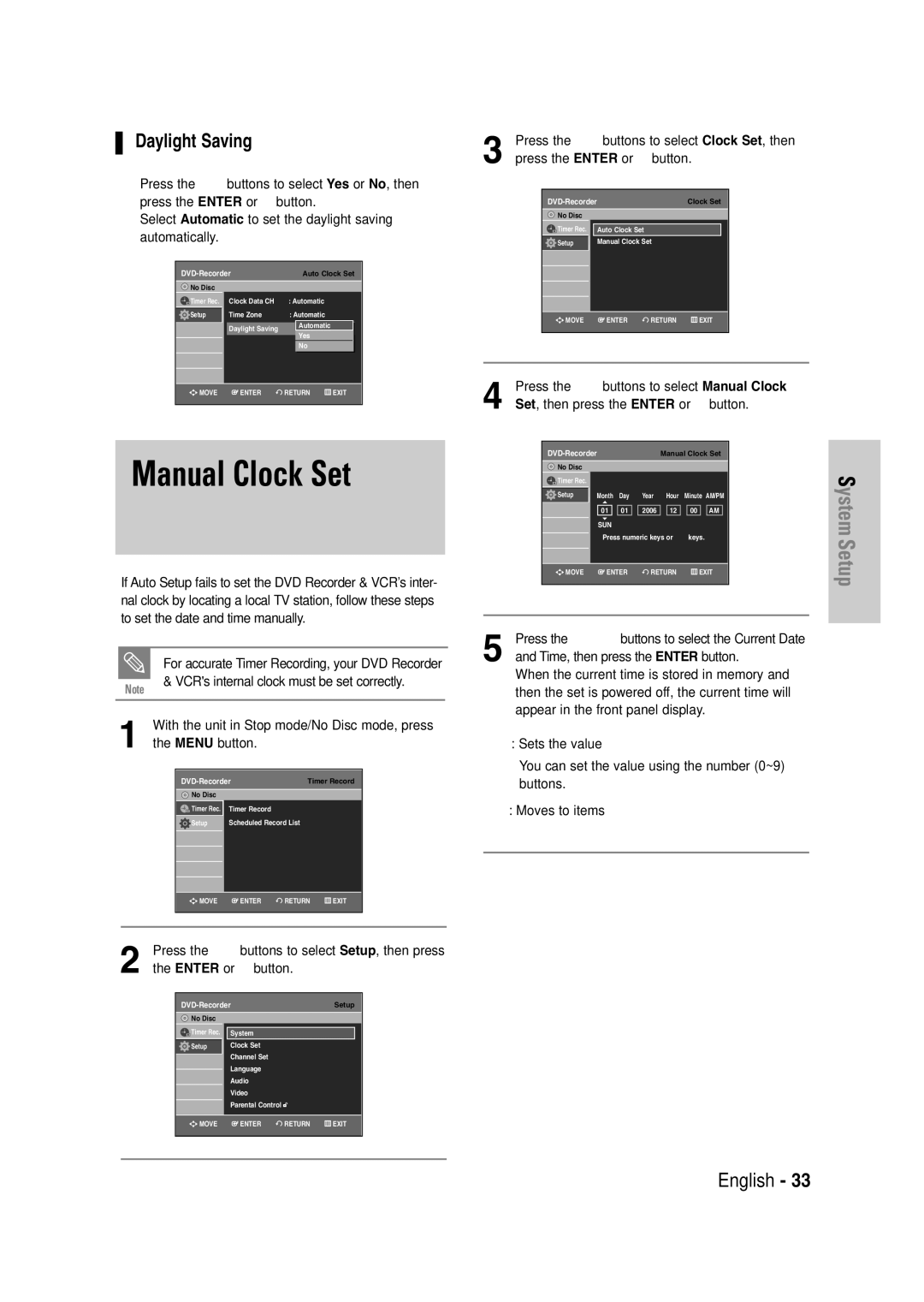 Samsung DVD-VR335 Manual Clock Set, Daylight Saving, Yes or No, then, …† buttons to select, Set, then press 