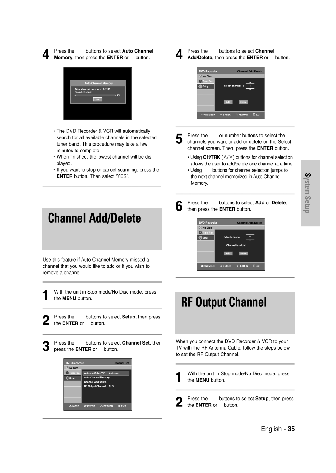 Samsung DVD-VR335 instruction manual Channel Add/Delete, RF Output Channel, Channel screen. Then, press 