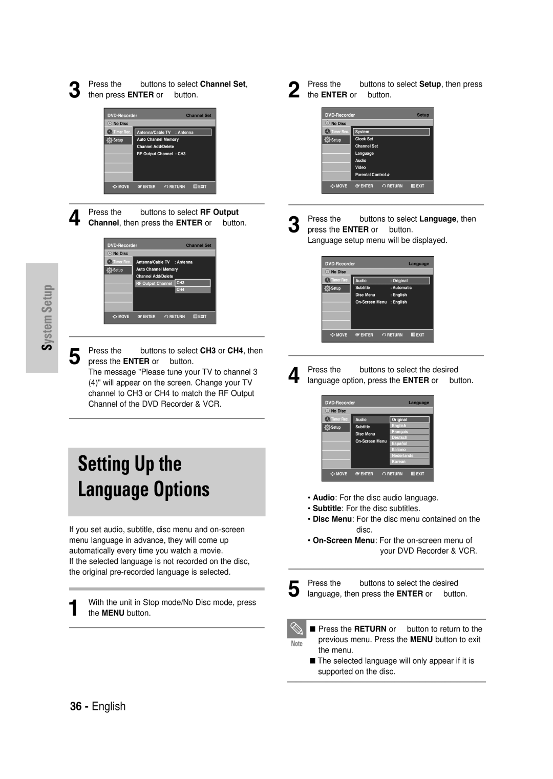 Samsung DVD-VR335 instruction manual Setting Up Language Options, …† buttons to select RF Output, Language , then 