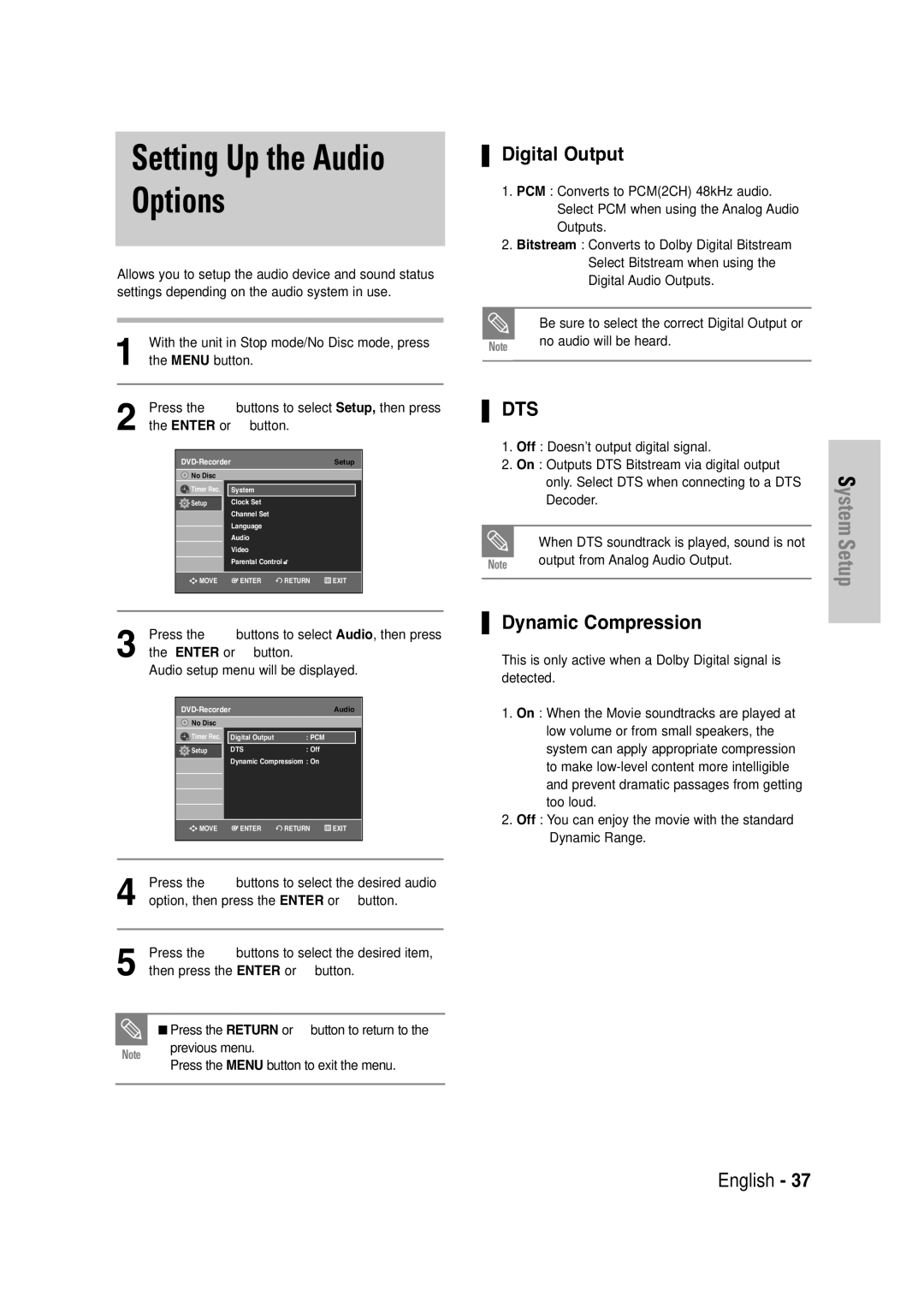 Samsung DVD-VR335 instruction manual Setting Up the Audio Options, Digital Output, Dynamic Compression 