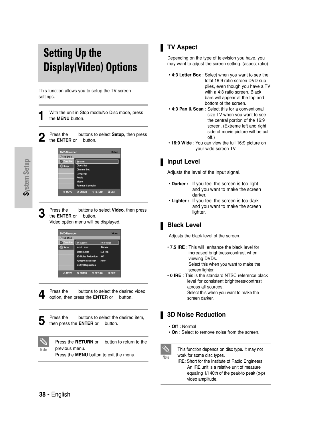 Samsung DVD-VR335 instruction manual TV Aspect, Input Level, Black Level, 3D Noise Reduction 