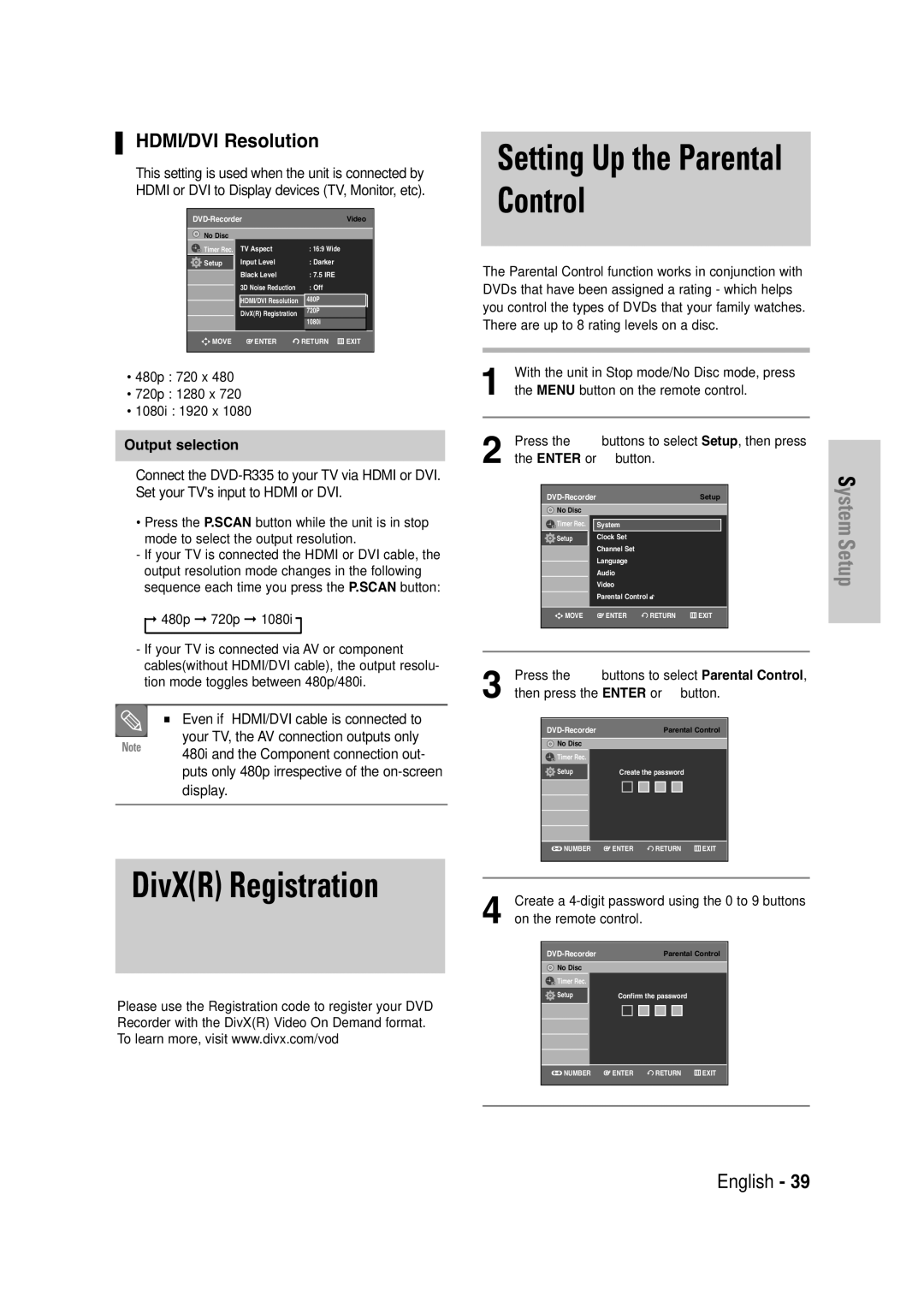 Samsung DVD-VR335 DivXR Registration, Setting Up the Parental Control, HDMI/DVI Resolution, Sequence each time you press 