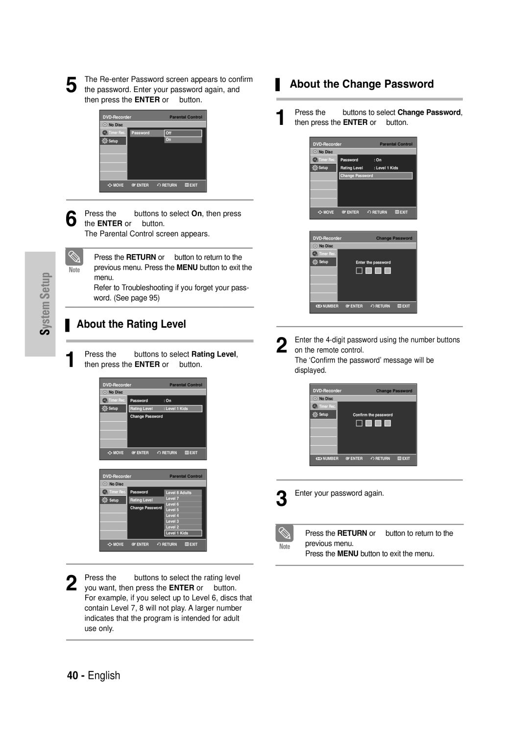 Samsung DVD-VR335 instruction manual About the Change Password, Press the …† buttons to select, Rating Level, Use only 