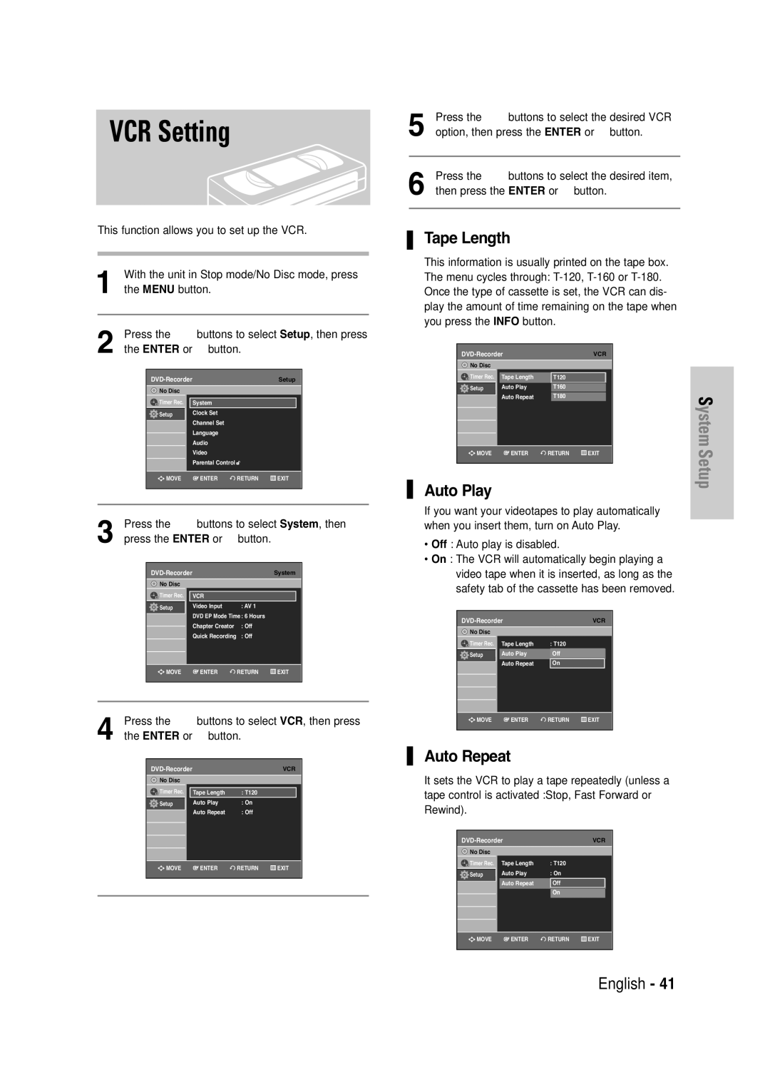 Samsung DVD-VR335 instruction manual VCR Setting, Tape Length, Auto Play, Auto Repeat 