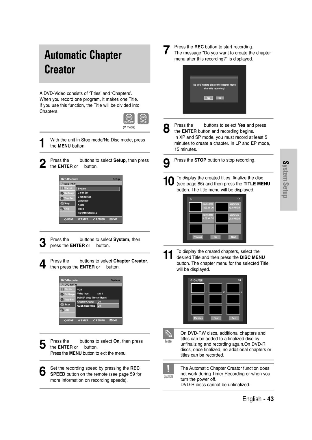 Samsung DVD-VR335 Automatic Chapter Creator, System , then, …† buttons to select On, then press Enter or √ button 