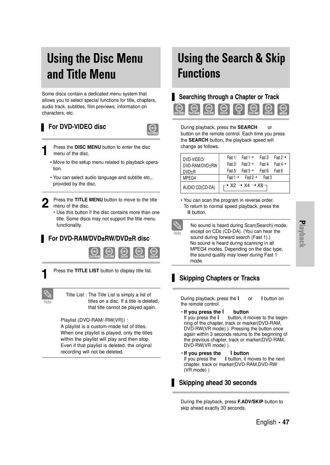 Samsung DVD-VR335 instruction manual Using the Search & Skip Functions, For DVD-VIDEO disc, For DVD-RAM/DVD±RW/DVD±R disc 