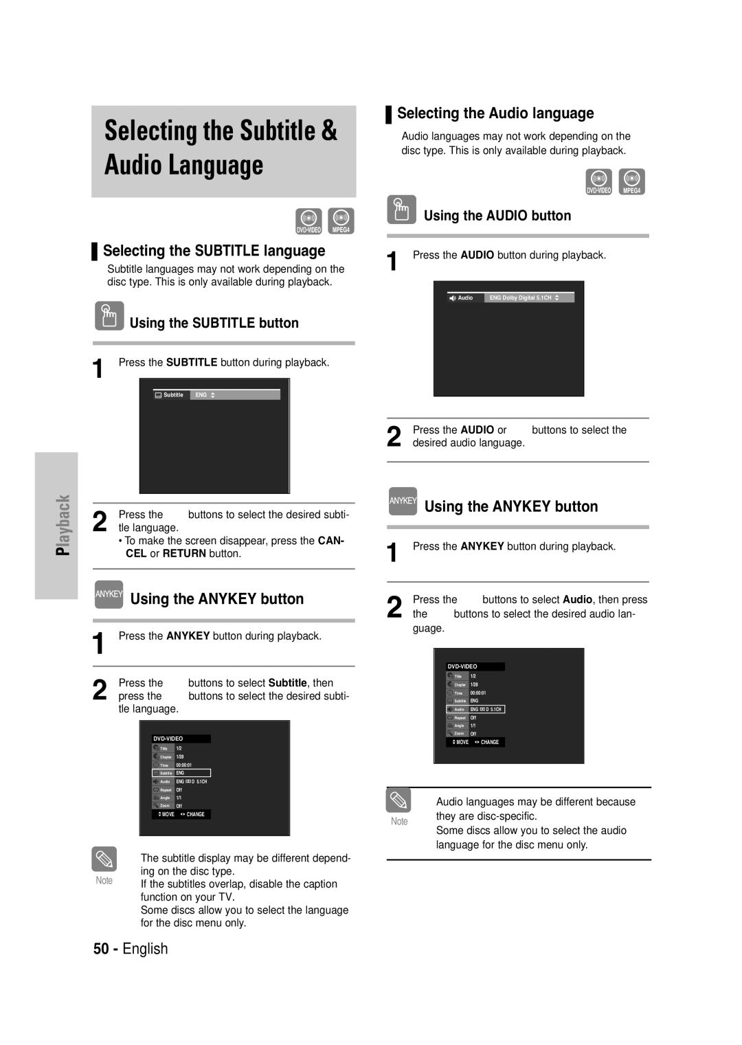 Samsung DVD-VR335 instruction manual Selecting the Subtitle language, Using the Anykey button, Selecting the Audio language 