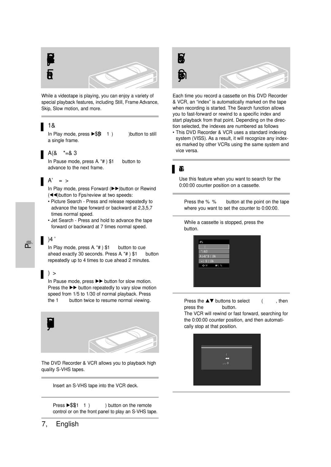 Samsung DVD-VR335 instruction manual VHS Playback, Frame Advance, Fps/Review, Skip, Slow motion 