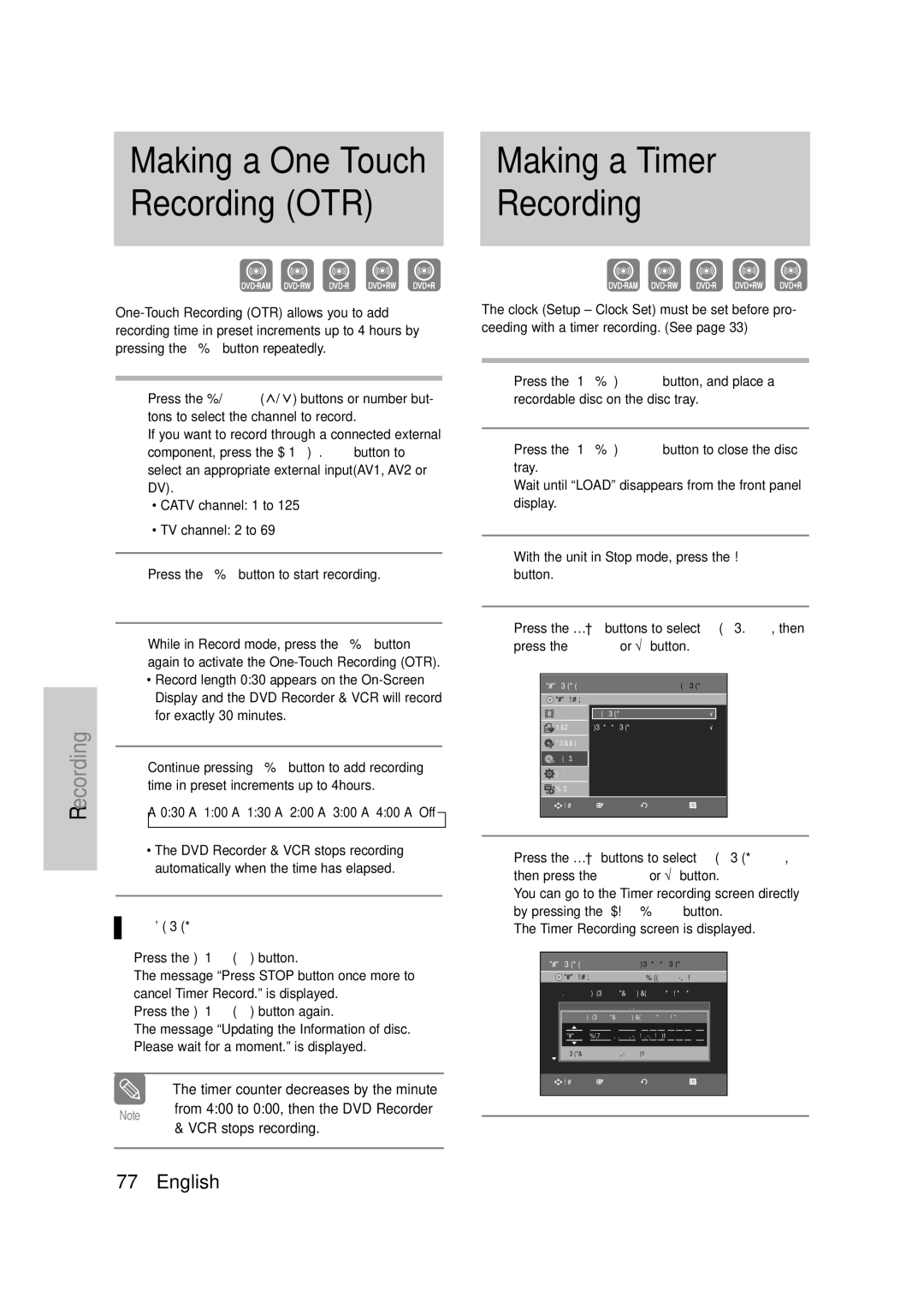 Samsung DVD-VR335 instruction manual Making a One Touch, Recording OTR, Enter or, To stop recording, Timer REC button 