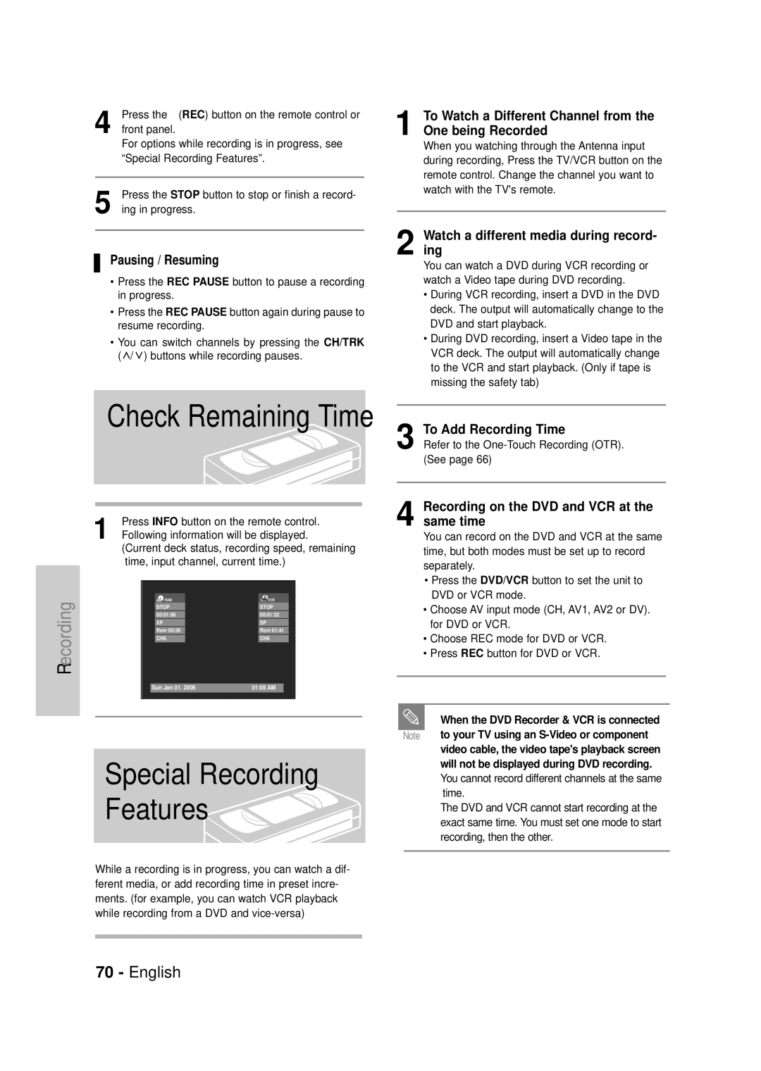 Samsung DVD-VR335 instruction manual Pausing / Resuming, To Watch a Different Channel from the One being Recorded 