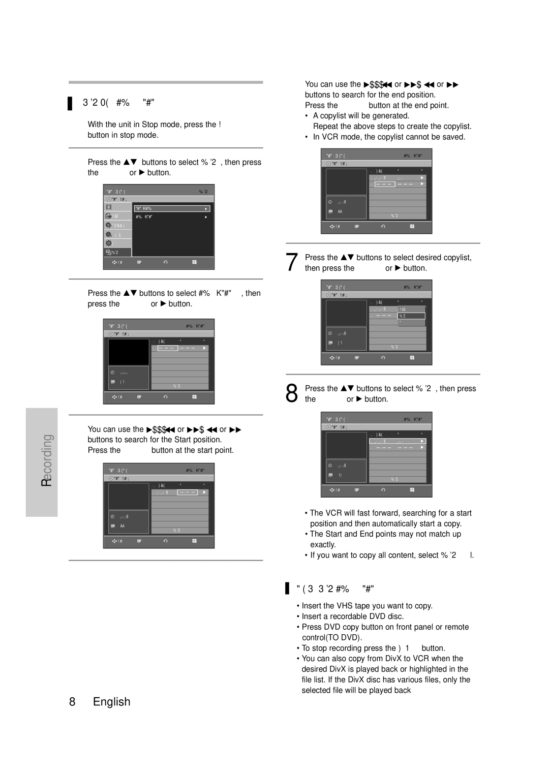 Samsung DVD-VR335 To copy from VCR to DVD, Direct copy VCR to DVD, Press …† buttons, VCR--DVD , then, Copy Al l 