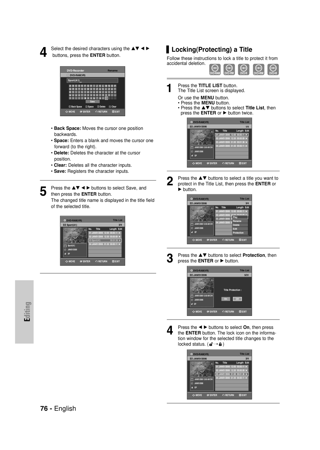 Samsung DVD-VR335 instruction manual LockingProtecting a Title, Protection , then, Status 