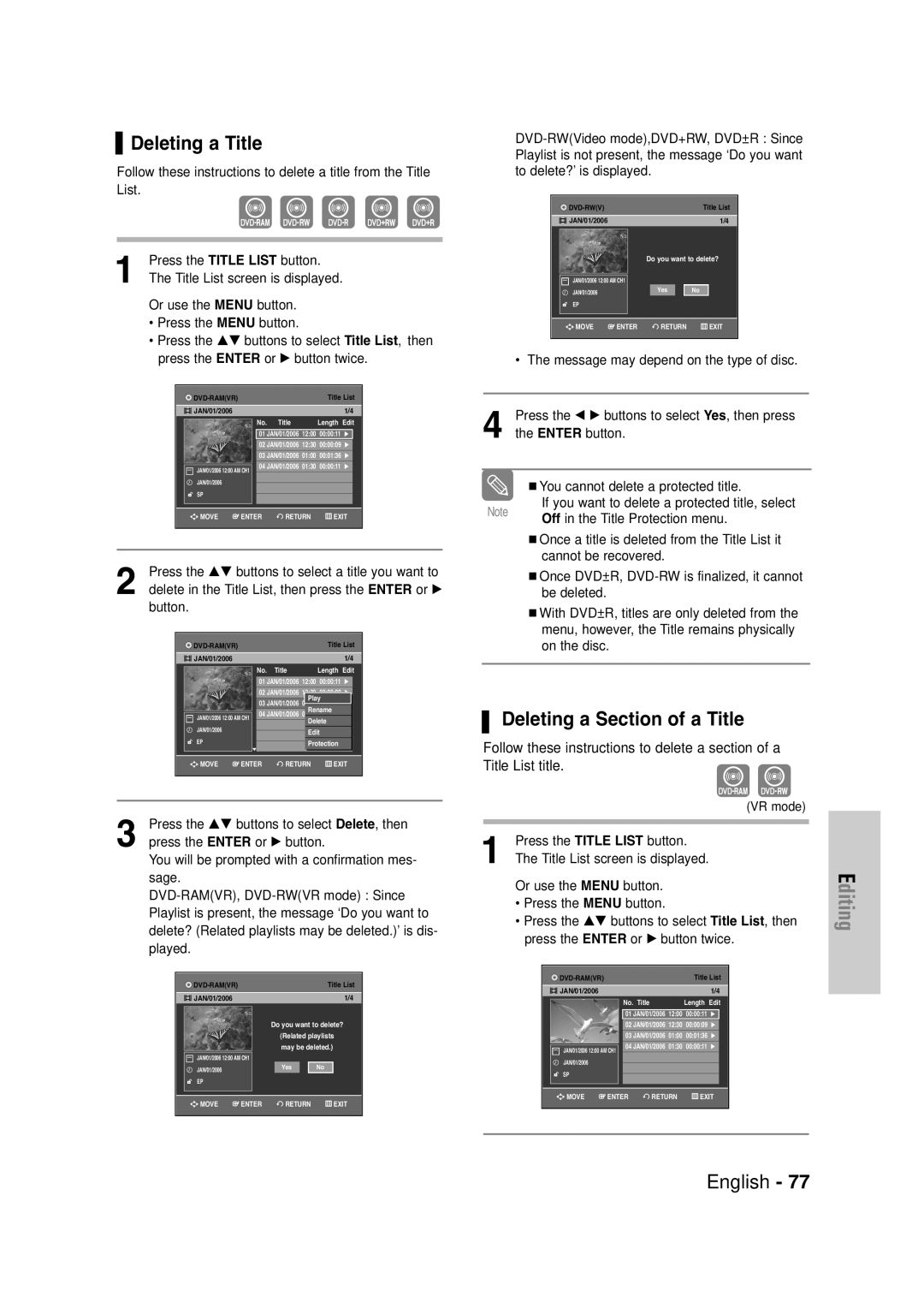 Samsung DVD-VR335 instruction manual Deleting a Title, Deleting a Section of a Title 