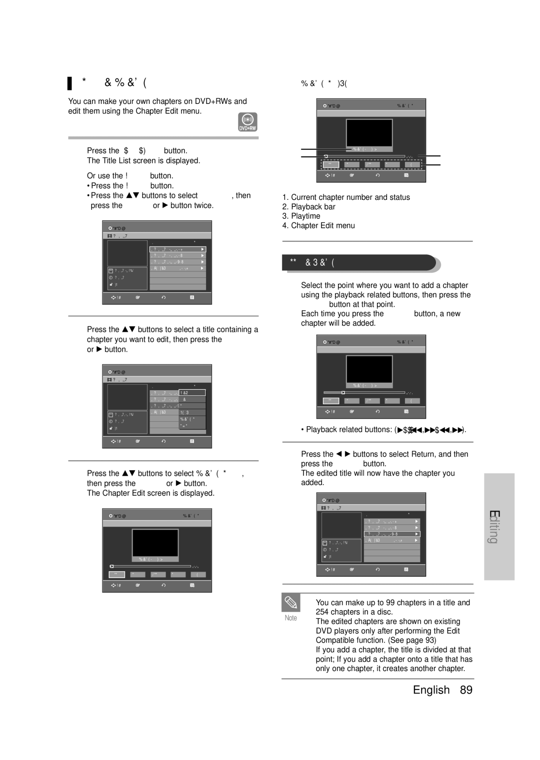 Samsung DVD-VR335 Editing a Chapter, …† buttons to select a title containing a, Chapter Edit Screen Elements 