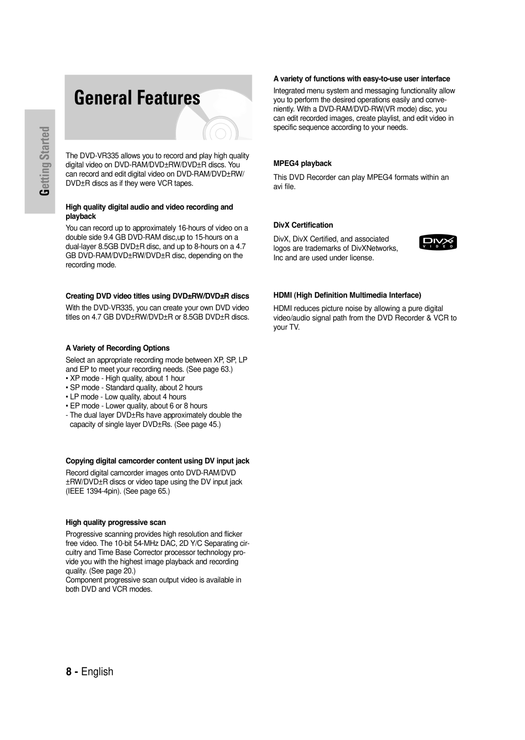 Samsung DVD-VR335 instruction manual General Features 