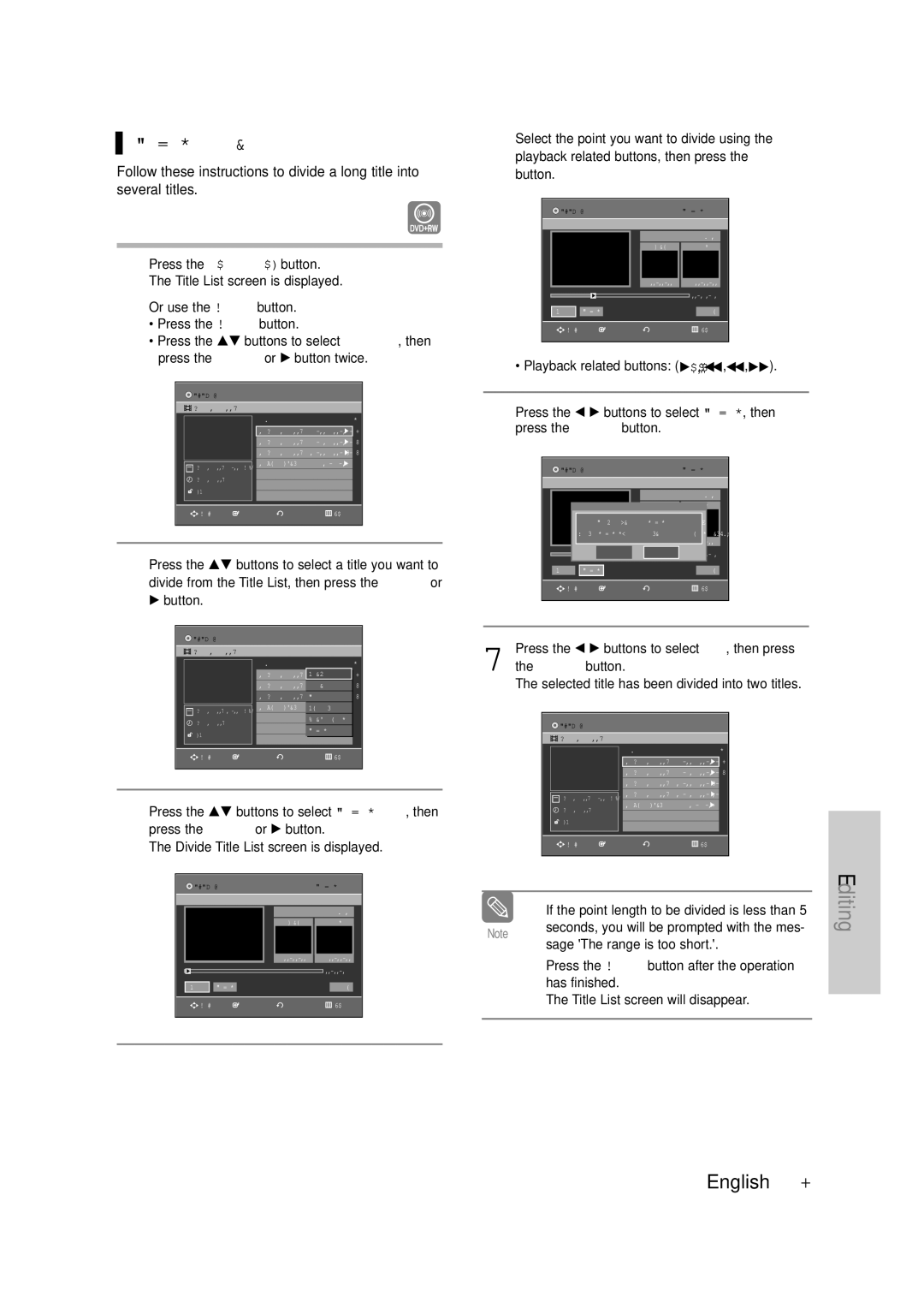 Samsung DVD-VR335 instruction manual Dividing a Title, Divide from the Title List, then press, Divide Title , then 