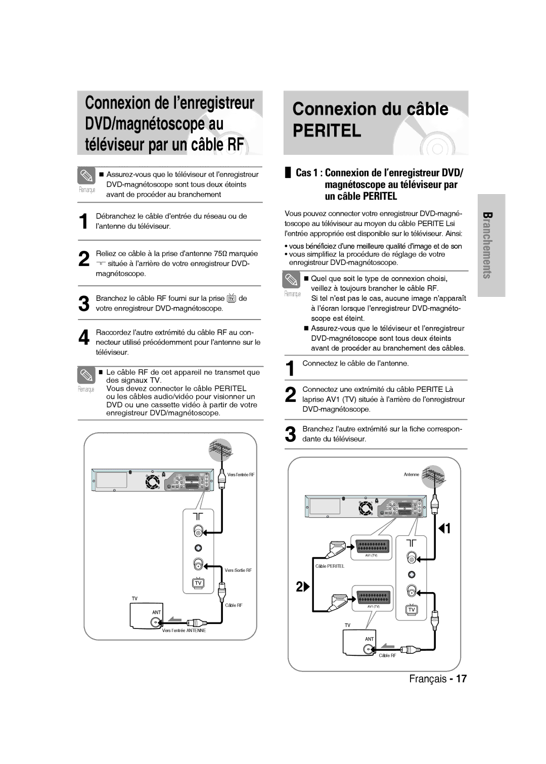 Samsung DVD-VR336/XEF, DVD-VR335/XEF, DVD-VR330/XEF Connexion du câble, Assurez-vous que le téléviseur et l’enregistreur 