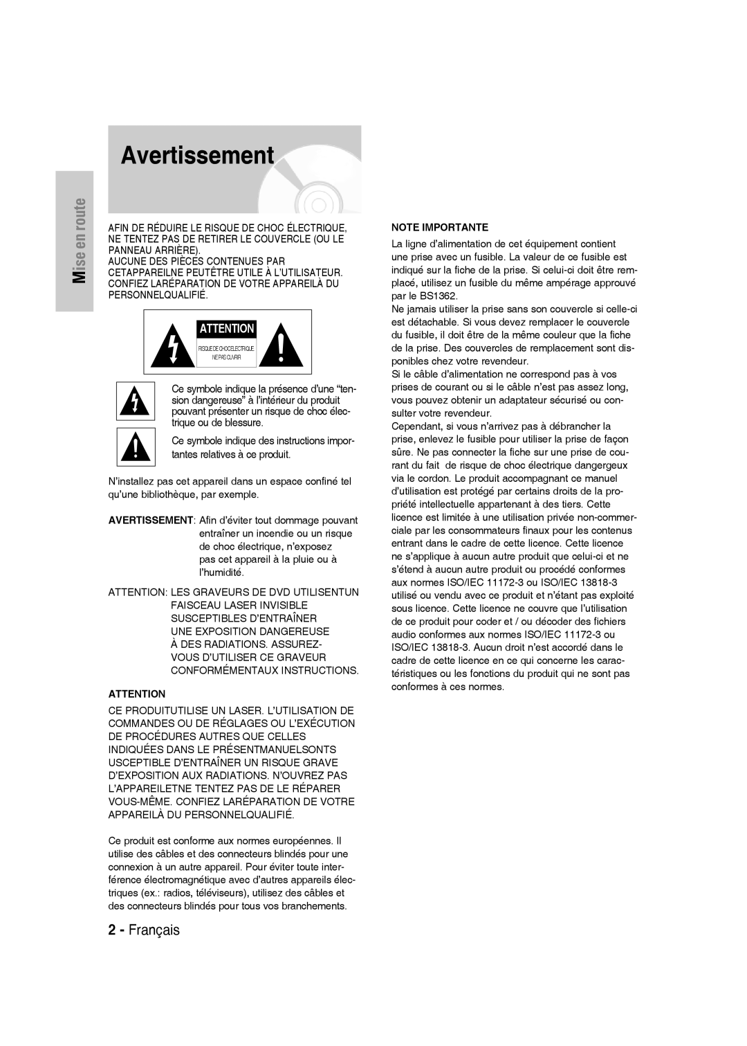 Samsung DVD-VR336/XEF, DVD-VR335/XEF, DVD-VR330/XEF manual Avertissement 