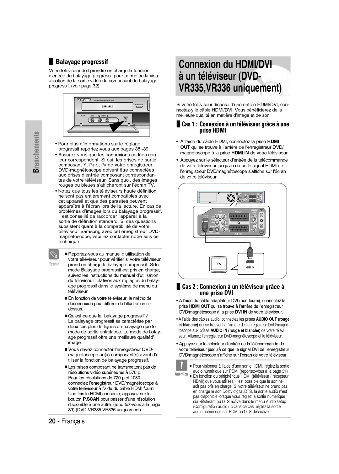 Samsung DVD-VR336/XEF, DVD-VR335/XEF, DVD-VR330/XEF manual Connexion du HDMI/DVI 