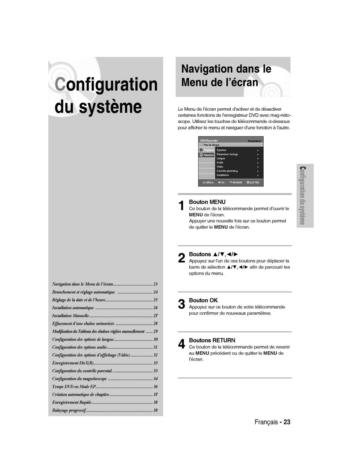 Samsung DVD-VR336/XEF, DVD-VR335/XEF manual Navigation dans le Menu de l’écran, Bouton Menu, Bouton OK, Boutons Return 