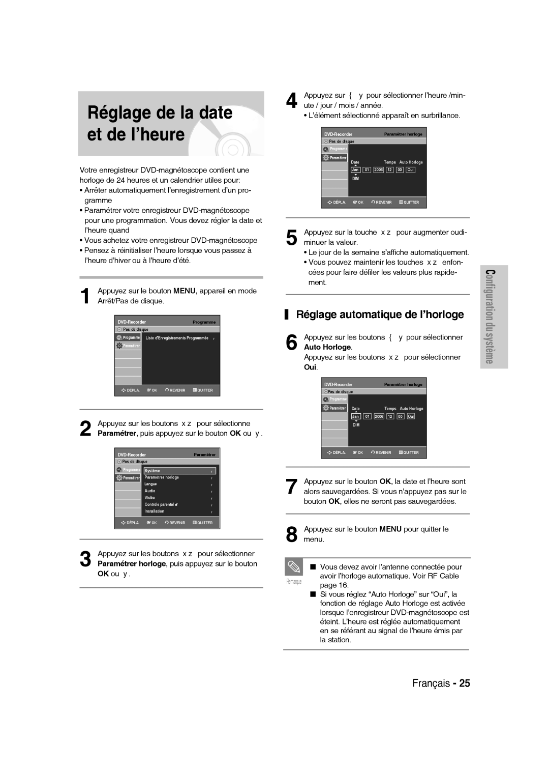 Samsung DVD-VR330/XEF, DVD-VR335/XEF manual Réglage automatique de l’horloge, Appuyez sur les boutons pour sélectionne 