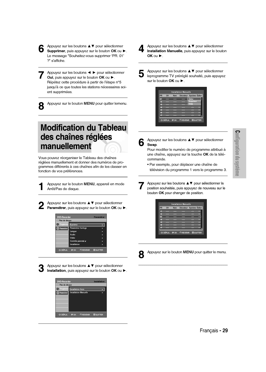 Samsung DVD-VR336/XEF, DVD-VR335/XEF, DVD-VR330/XEF manual Modification du Tableau des chaînes réglées manuellement 