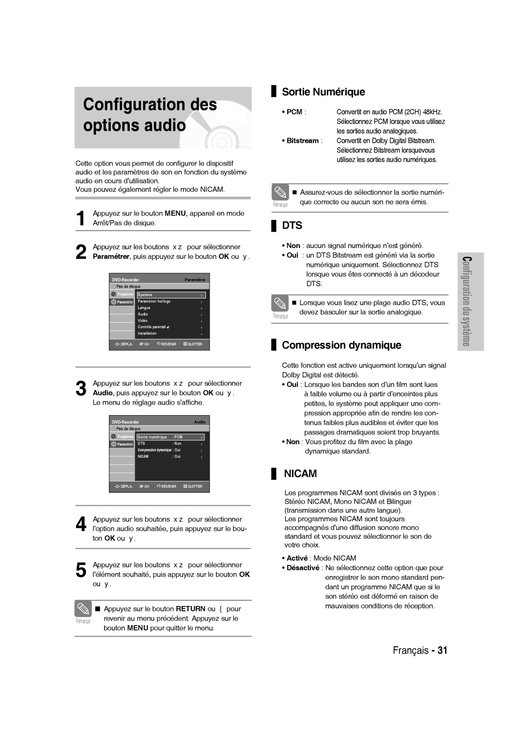 Samsung DVD-VR330/XEF, DVD-VR335/XEF manual Configuration des options audio, Sortie Numérique, Compression dynamique 