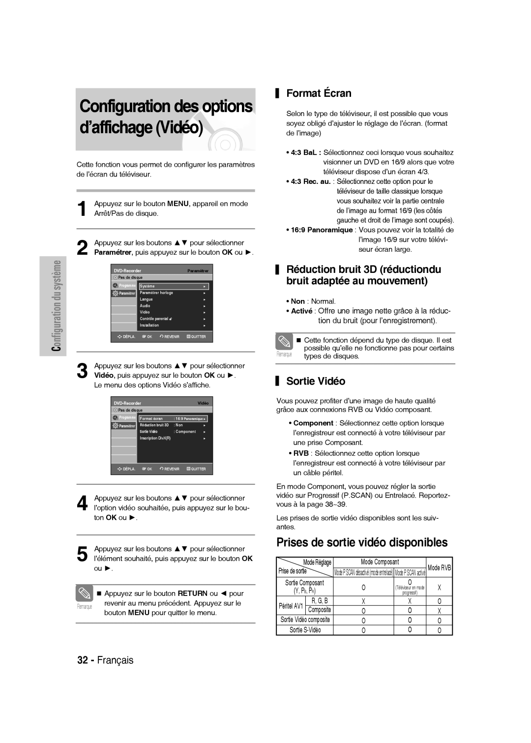 Samsung DVD-VR336/XEF, DVD-VR335/XEF, DVD-VR330/XEF Configuration des options d’affichage Vidéo, Format Écran, Sortie Vidéo 