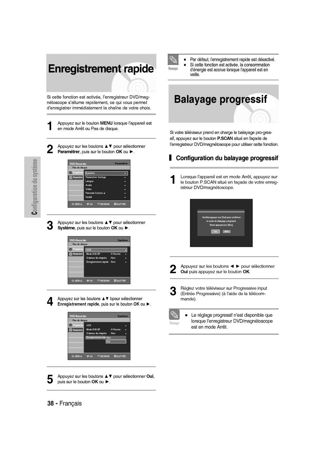 Samsung DVD-VR336/XEF, DVD-VR335/XEF manual Enregistrement rapide, Balayage progressif, Configuration du balayage progressif 