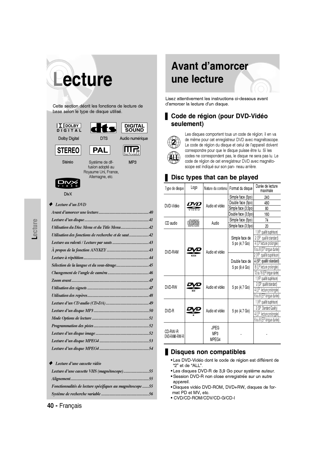 Samsung DVD-VR330/XEF Avant d’amorcer une lecture, Code de région pour DVD-Vidéo seulement, Disc types that can be played 