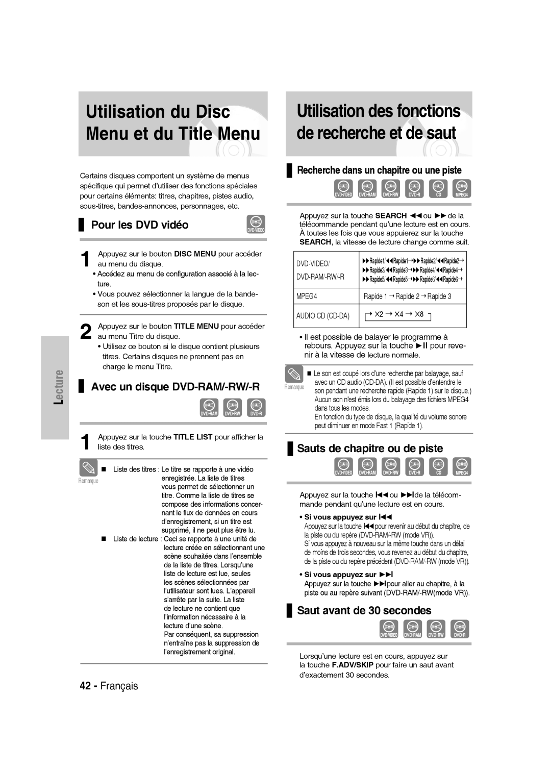 Samsung DVD-VR335/XEF manual Utilisation du Disc Menu et du Title Menu, Utilisation des fonctions de recherche et de saut 