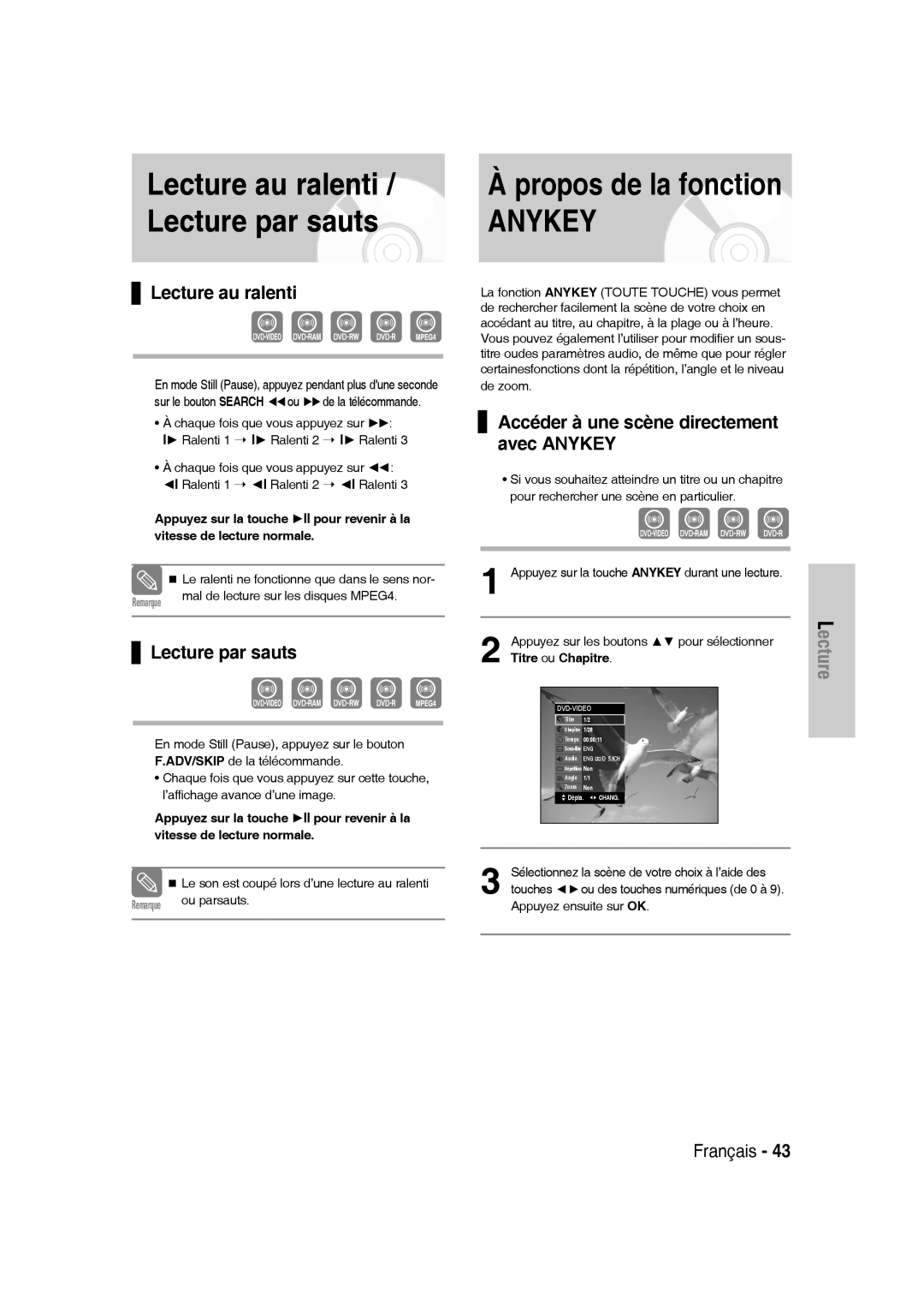 Samsung DVD-VR330/XEF, DVD-VR335/XEF, DVD-VR336/XEF manual Propos de la fonction, Lecture au ralenti / Lecture par sauts 