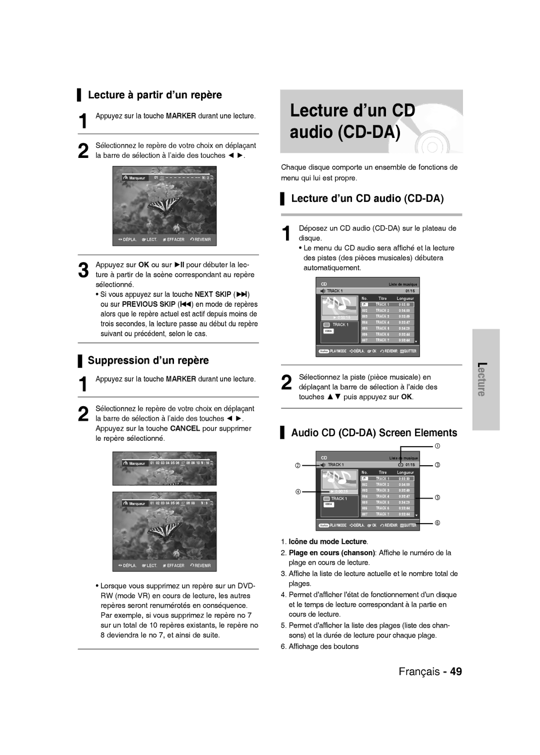 Samsung DVD-VR330/XEF, DVD-VR335/XEF Lecture d’un CD audio CD-DA, Lecture à partir d’un repère, Suppression d’un repère 