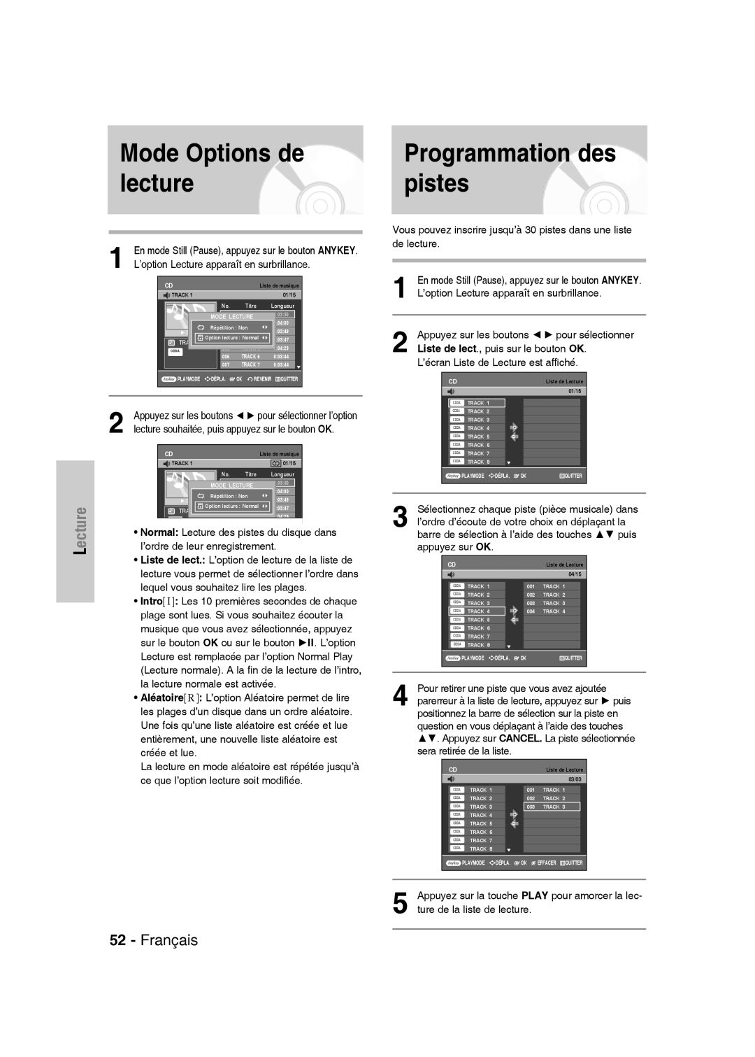 Samsung DVD-VR330/XEF, DVD-VR335/XEF, DVD-VR336/XEF manual Mode Options de lecture, Programmation des pistes 