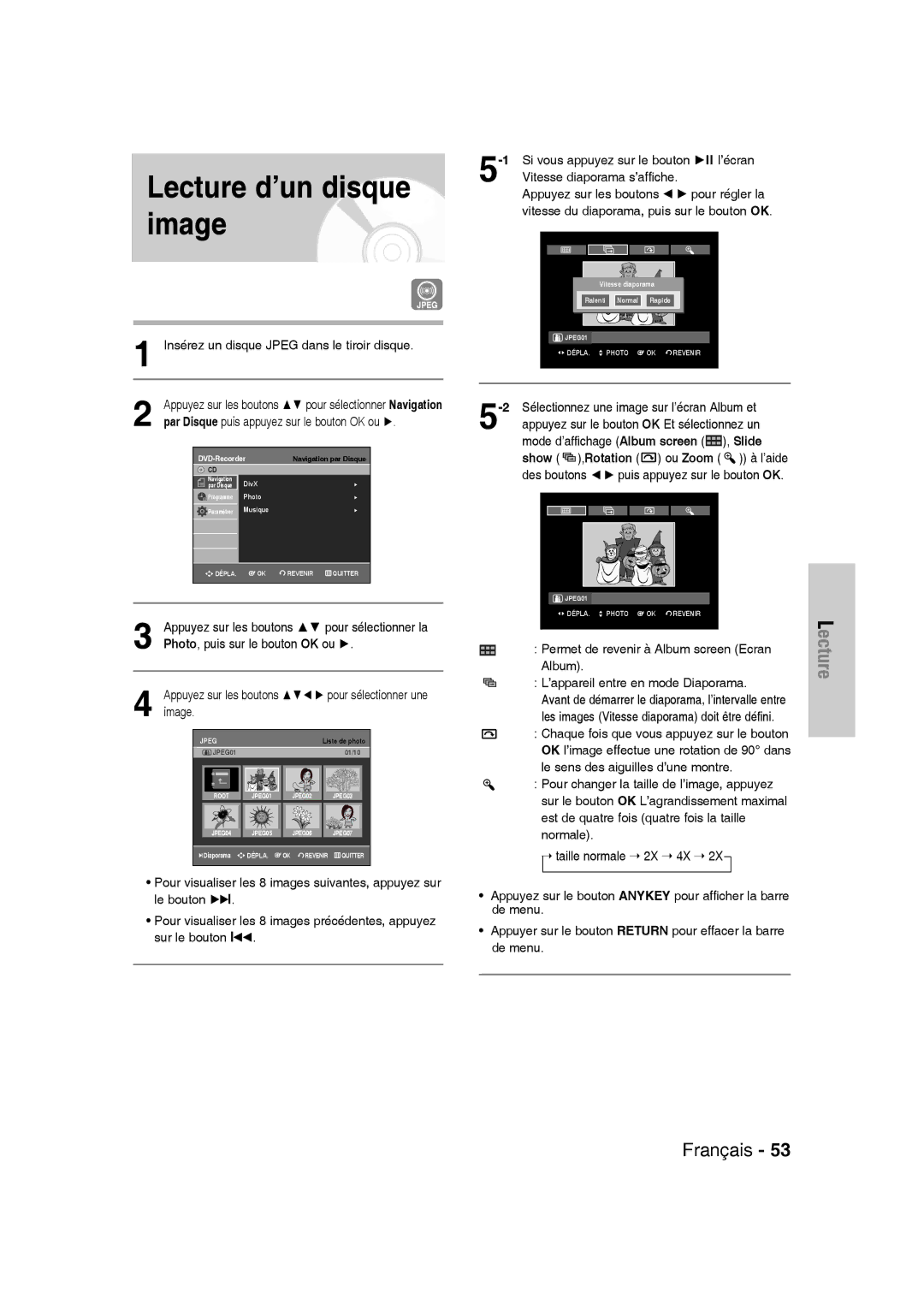 Samsung DVD-VR336/XEF, DVD-VR335/XEF, DVD-VR330/XEF Lecture d’un disque image, Insérez un disque Jpeg dans le tiroir disque 