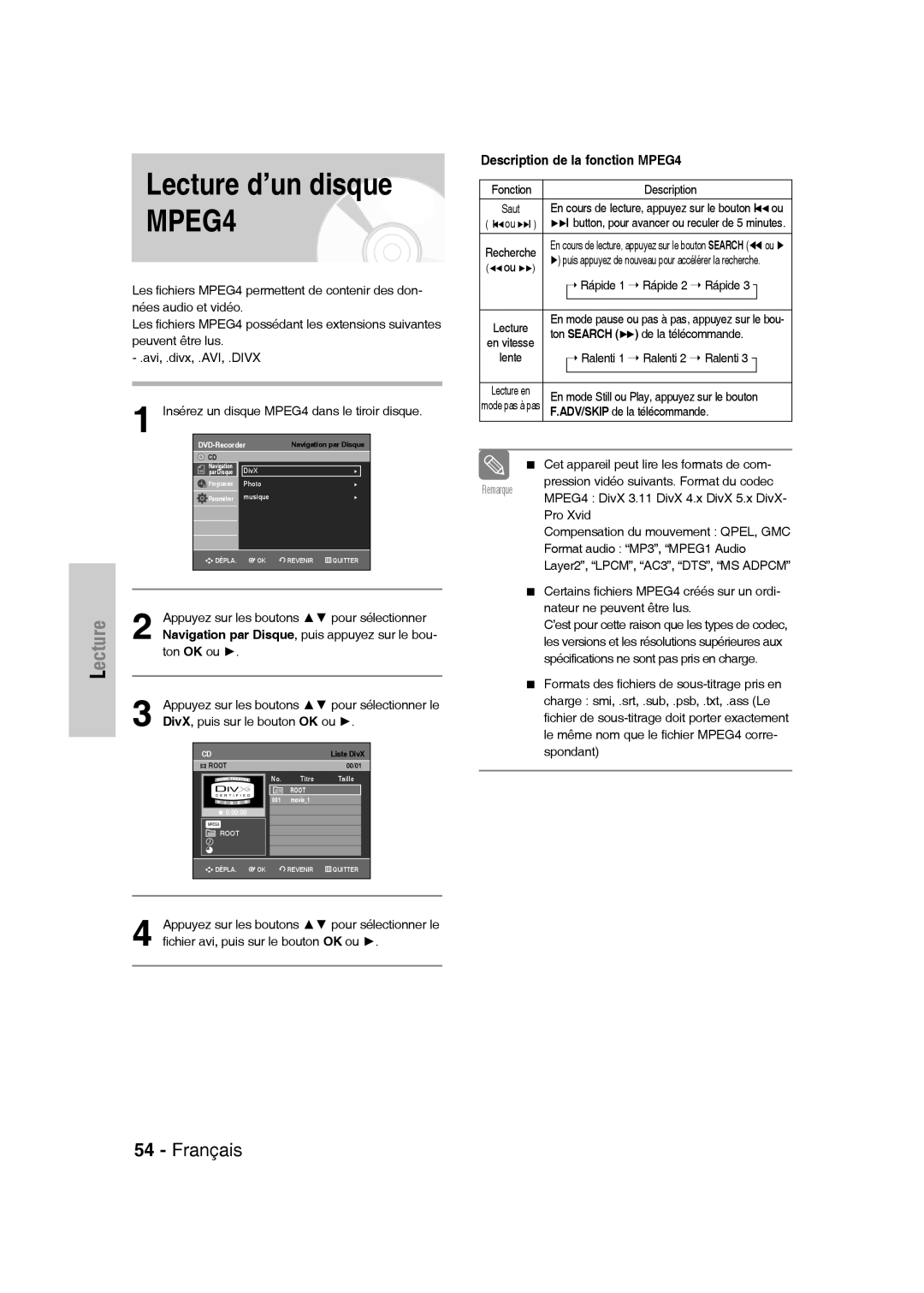 Samsung DVD-VR335/XEF, DVD-VR330/XEF, DVD-VR336/XEF manual Lecture d’un disque MPEG4 