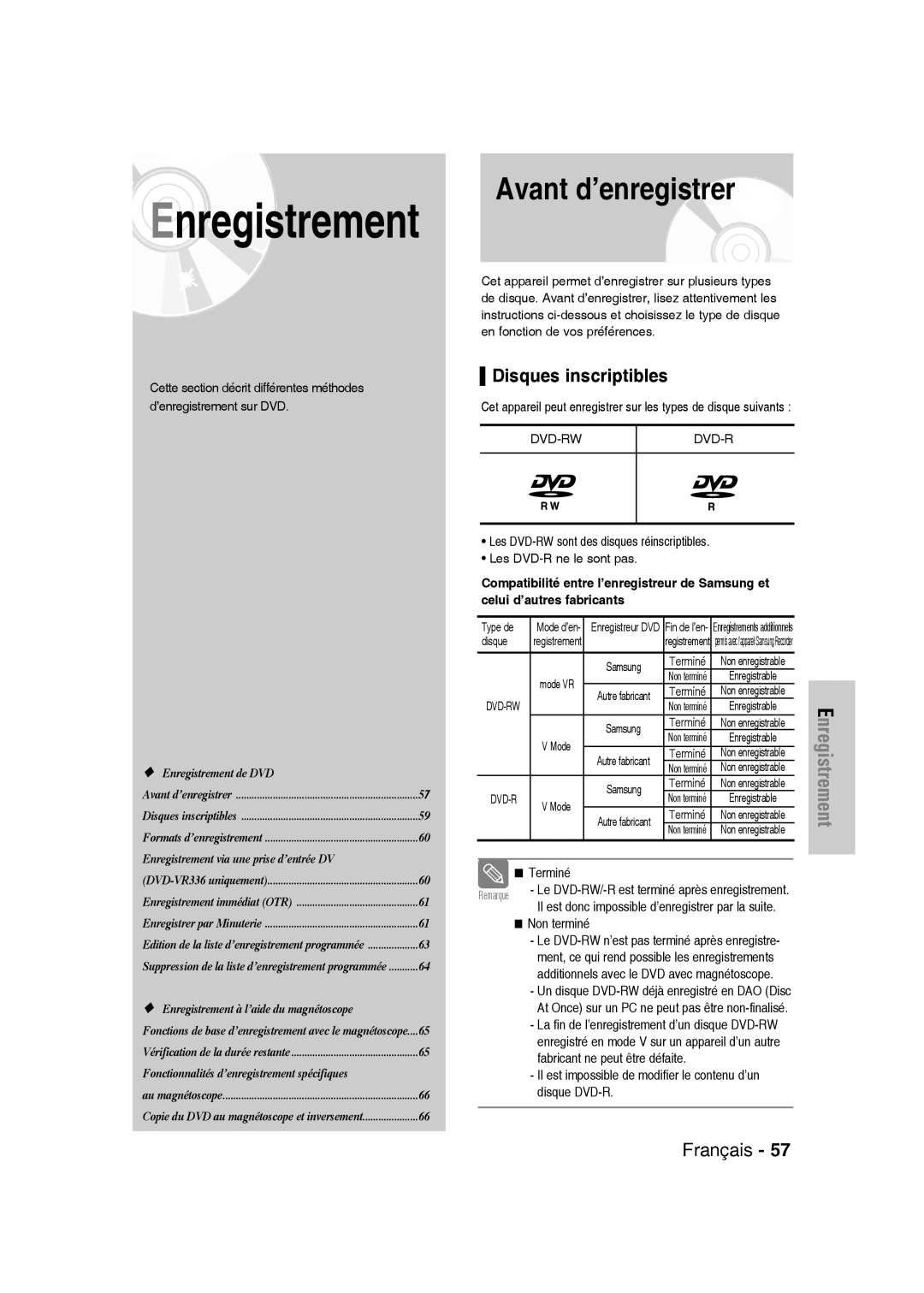 Samsung DVD-VR335/XEF, DVD-VR330/XEF, DVD-VR336/XEF manual Avant d’enregistrer, Disques inscriptibles 