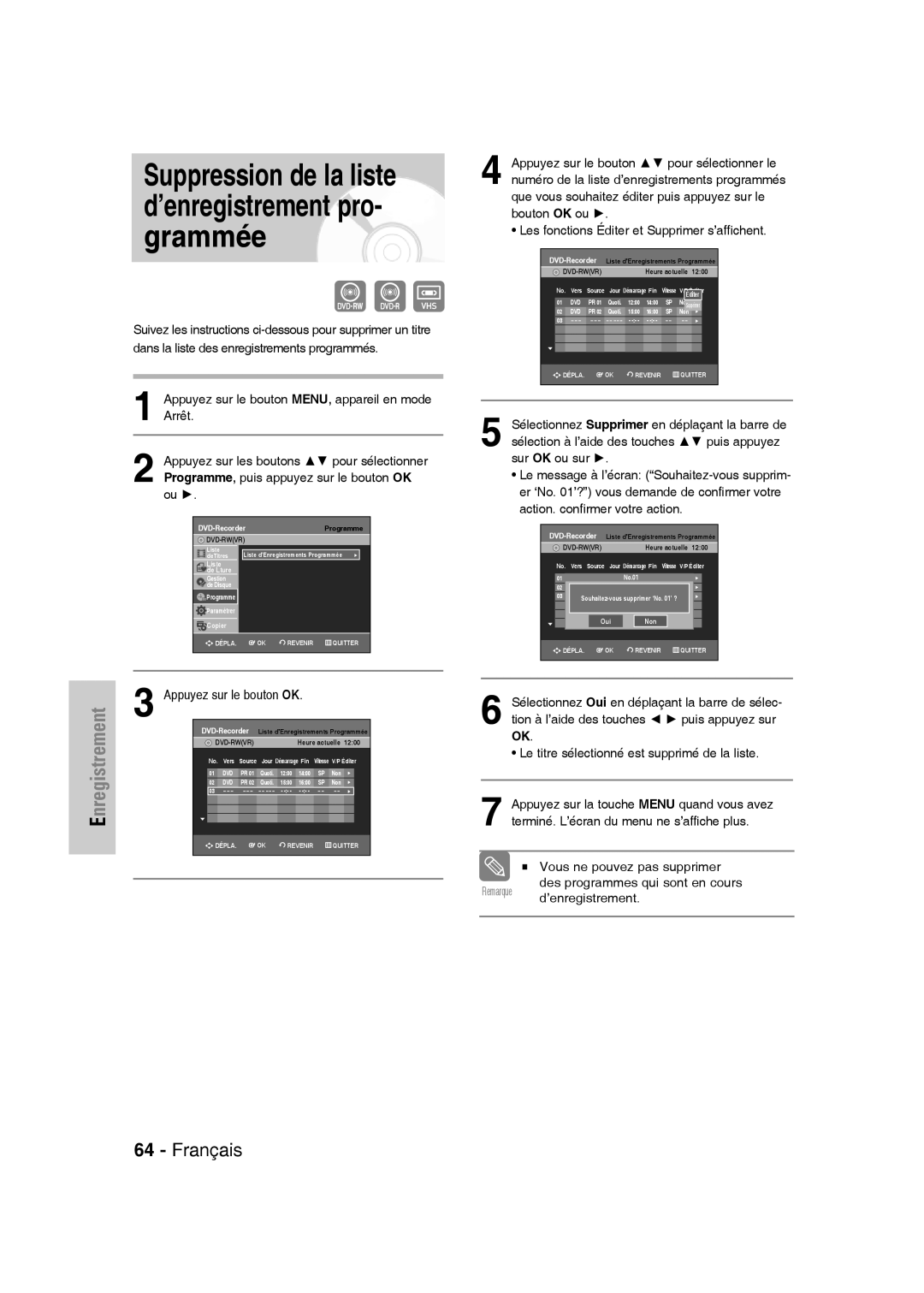 Samsung DVD-VR330/XEF, DVD-VR335/XEF manual Suppression de la liste d’enregistrement pro- grammée, Appuyez sur le bouton OK 