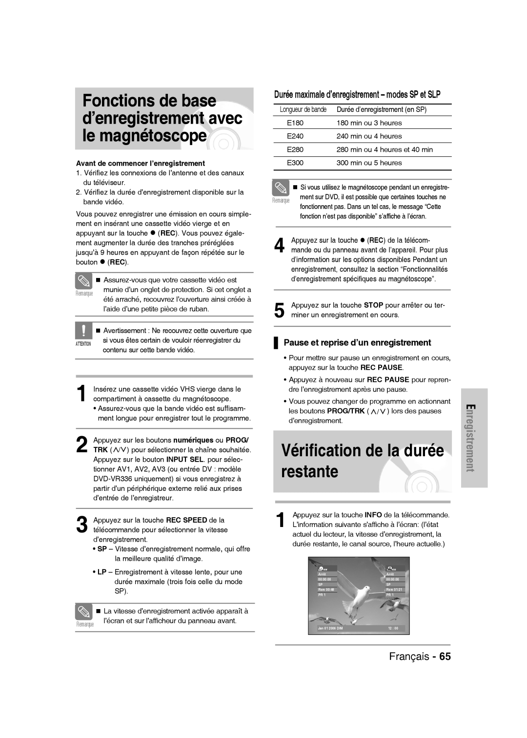 Samsung DVD-VR336/XEF Vérification de la durée restante, Avant de commencer l’enregistrement, Durée d’enregistrement en SP 