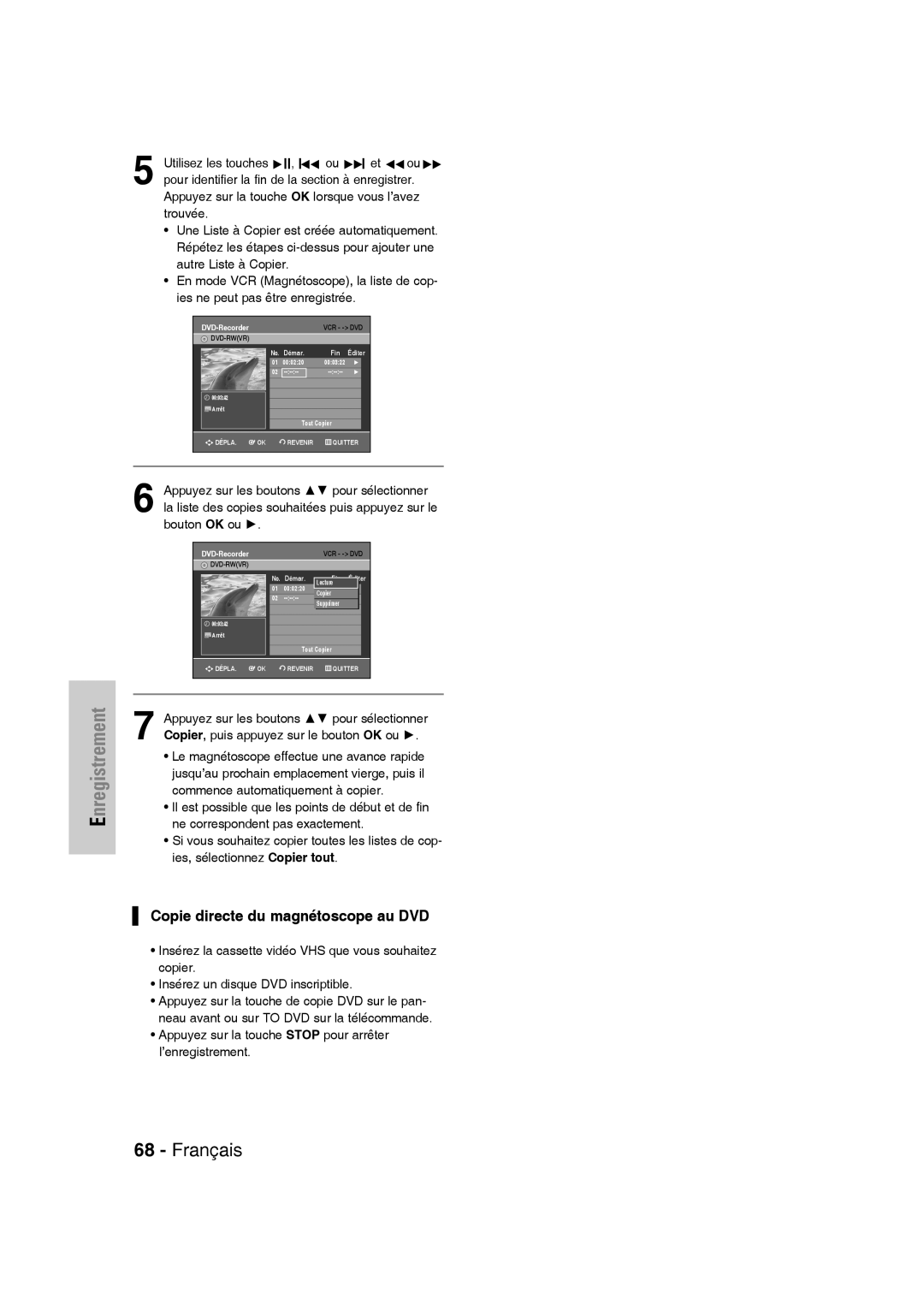 Samsung DVD-VR336/XEF, DVD-VR335/XEF, DVD-VR330/XEF manual Copie directe du magnétoscope au DVD 