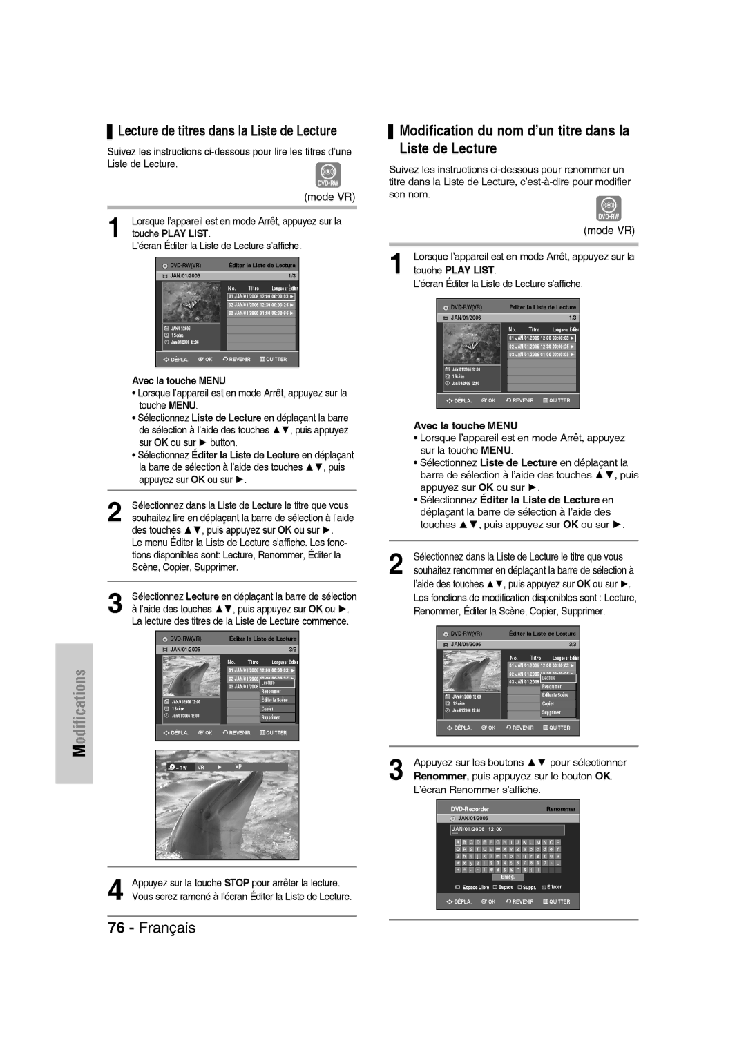 Samsung DVD-VR330/XEF, DVD-VR335/XEF manual Modification du nom d’un titre dans la Liste de Lecture, Avec la touche Menu 