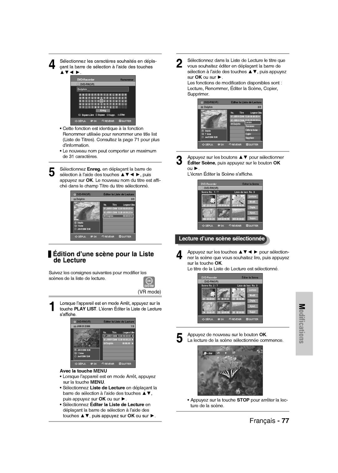 Samsung DVD-VR336/XEF, DVD-VR335/XEF, DVD-VR330/XEF manual Édition d’une scène pour la Liste de Lecture, ’affiche 