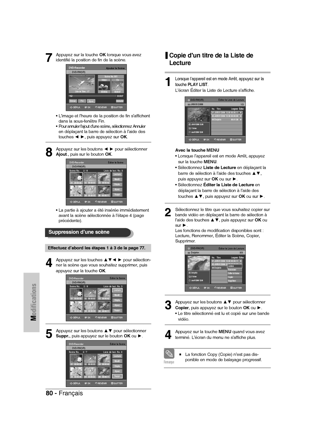 Samsung DVD-VR336/XEF manual Copie d’un titre de la Liste de Lecture, Bande vidéo en déplaçant la barre de sélection à 