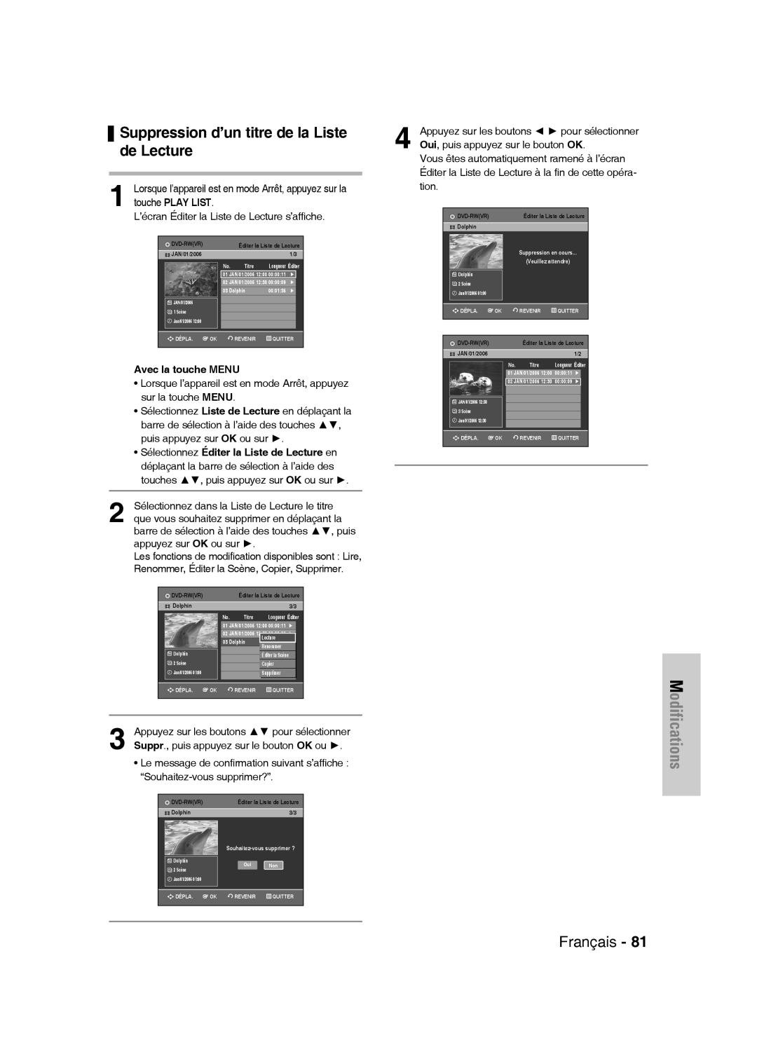 Samsung DVD-VR335/XEF, DVD-VR330/XEF, DVD-VR336/XEF manual Suppression d’un titre de la Liste, De Lecture, Touche Play List 