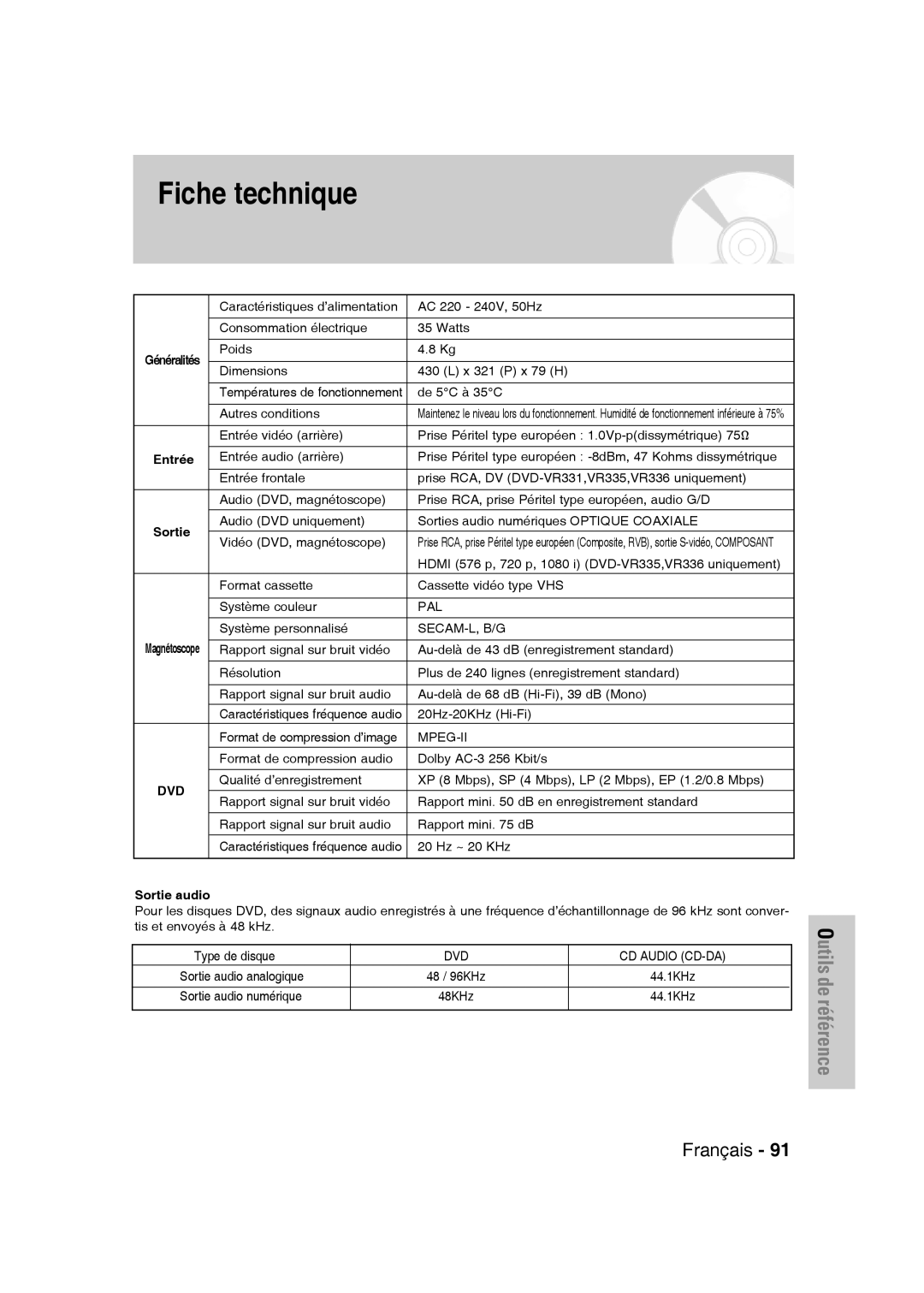 Samsung DVD-VR330/XEF, DVD-VR335/XEF, DVD-VR336/XEF manual Fiche technique, Sortie audio 