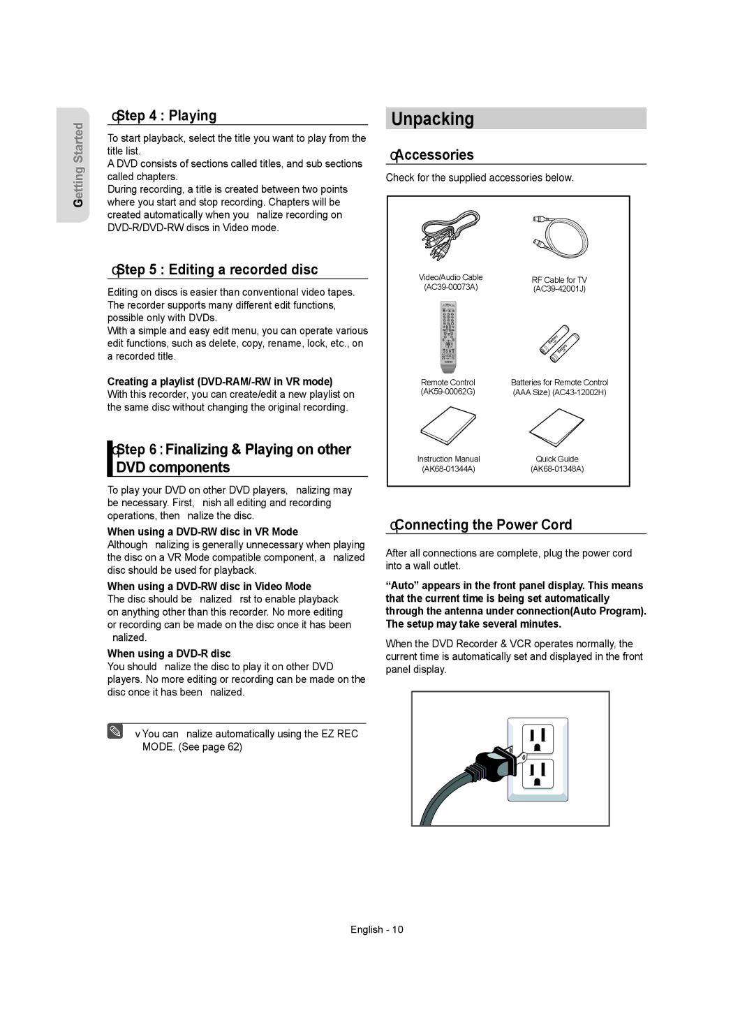 Samsung DVD-VR350 instruction manual Unpacking 