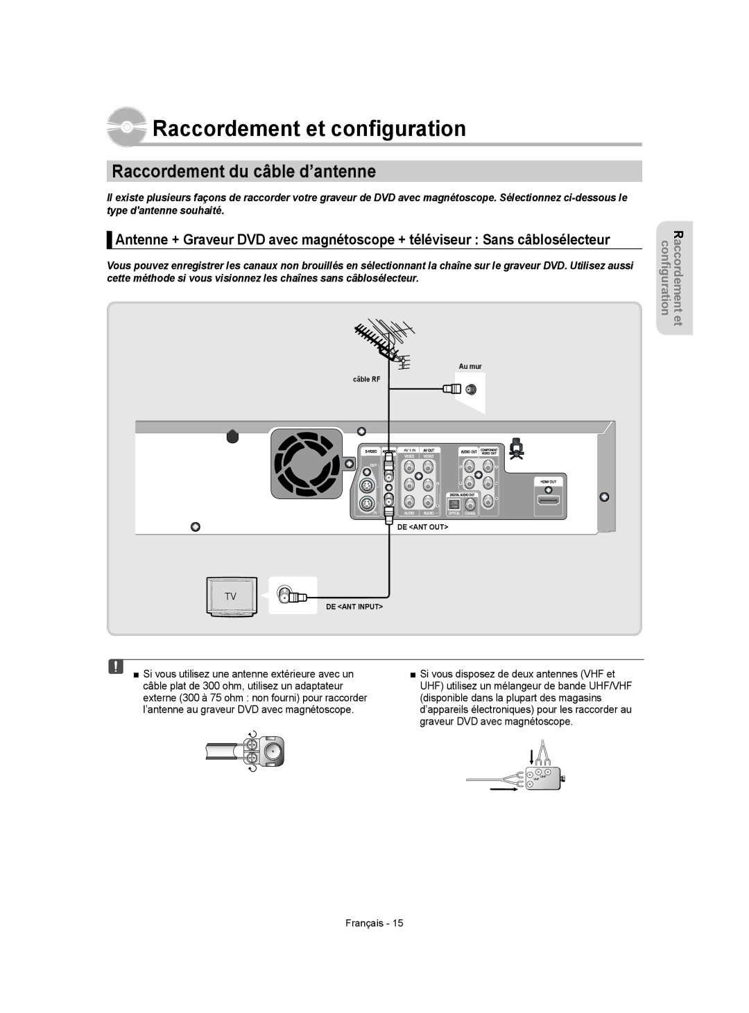 Samsung DVD-VR350 instruction manual Raccordement et conﬁguration, Raccordement du câble d’antenne 