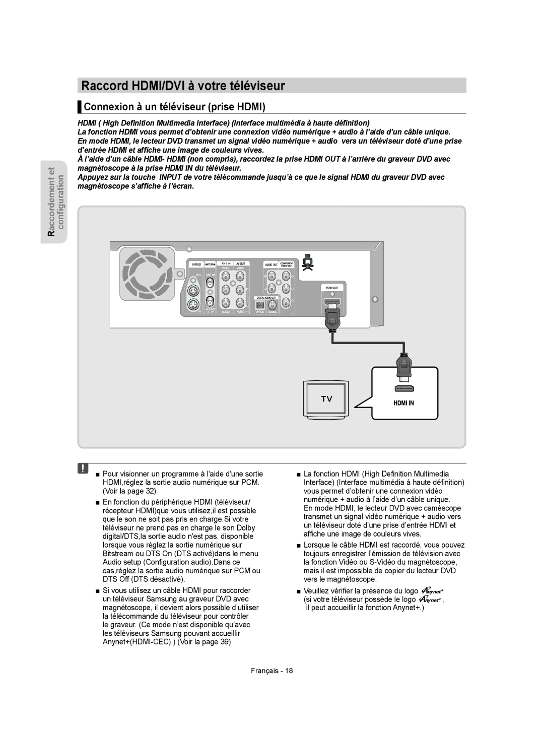 Samsung DVD-VR350 instruction manual Raccord HDMI/DVI à votre téléviseur, Connexion à un téléviseur prise Hdmi 